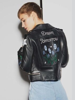 Maje Black Leather Jacket with Blue Floral Embroidery